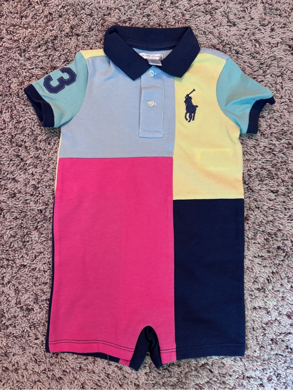 Ralph Lauren Baby Colorblock Polo Romper - Navy, Pink, Yellow, Light Blue